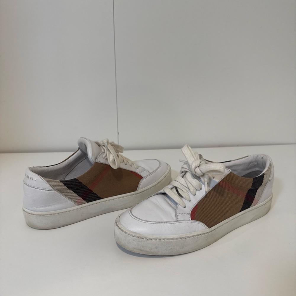 WHITE BURBERRY SALMOND CHECK LEATHER SNEAKERS SHOES EU 37.5 US 7.5 WOMANS WOMENS